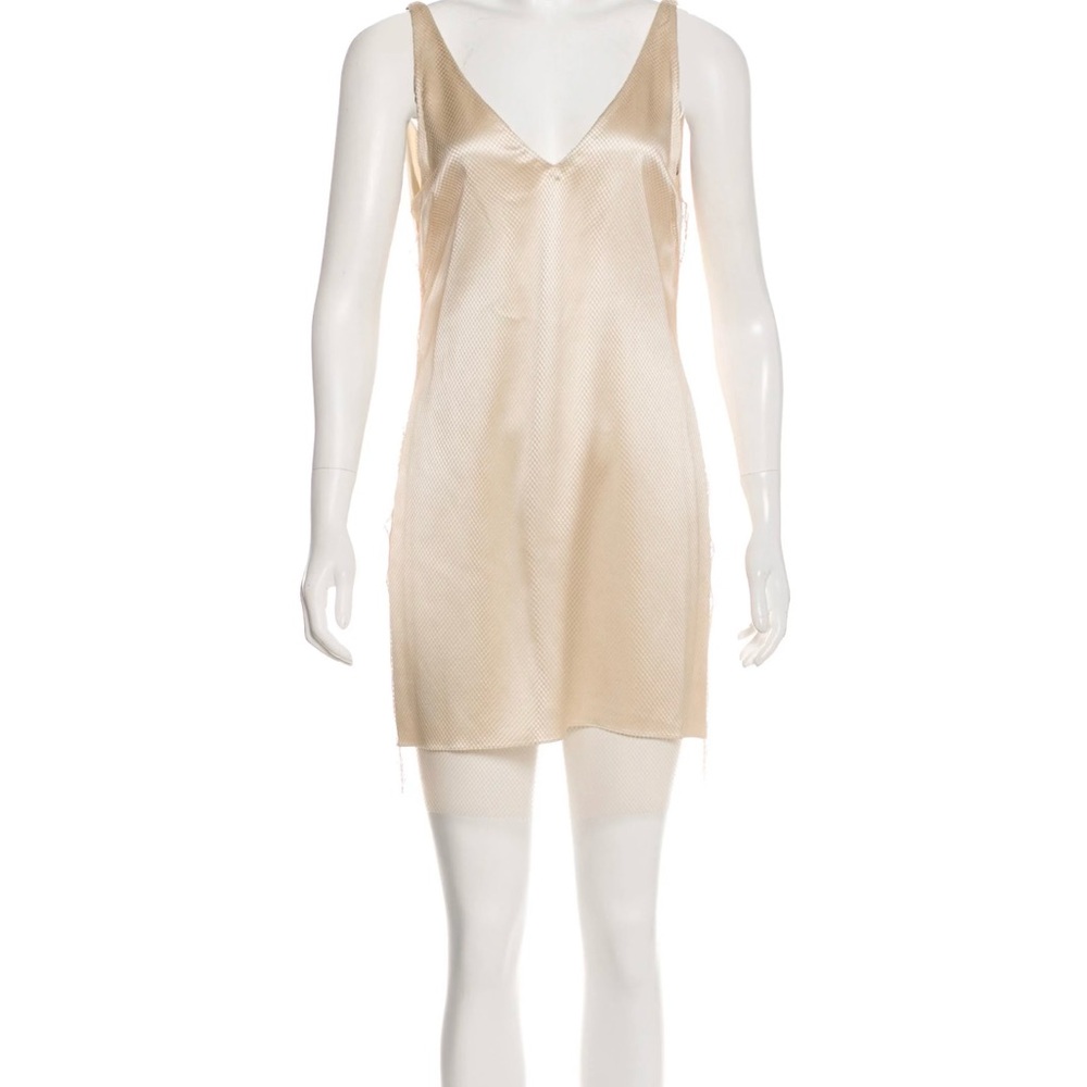 Champagne Haney sleeveless satin dress, v neck,